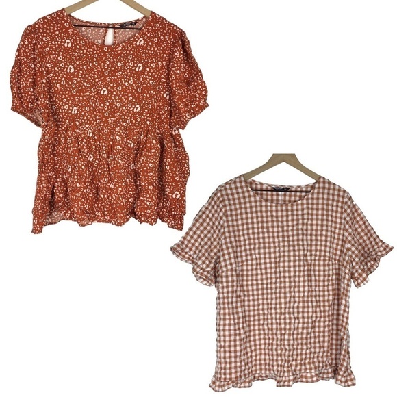 SHEIN CURVE 2 Tops Blouses Short Sleeve Leopard Babydoll 3XL Gingham Ruffle 2XL - Picture 1 of 16